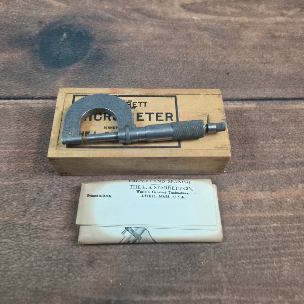 Starrett Micrometer Tool No.8 1 Inch Silver Good Vintage Wood Box Manual USA